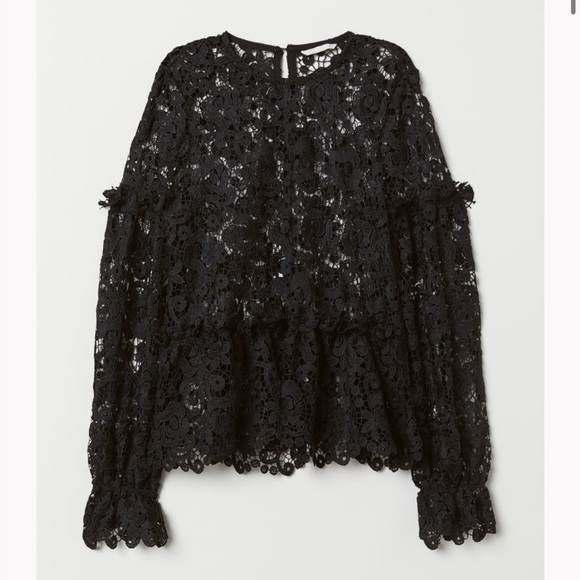 H&M Black Embroidered Lace Ruffle Long Balloon Sleeve Sheer Blouse Women Size 6 - Picture 1 of 16